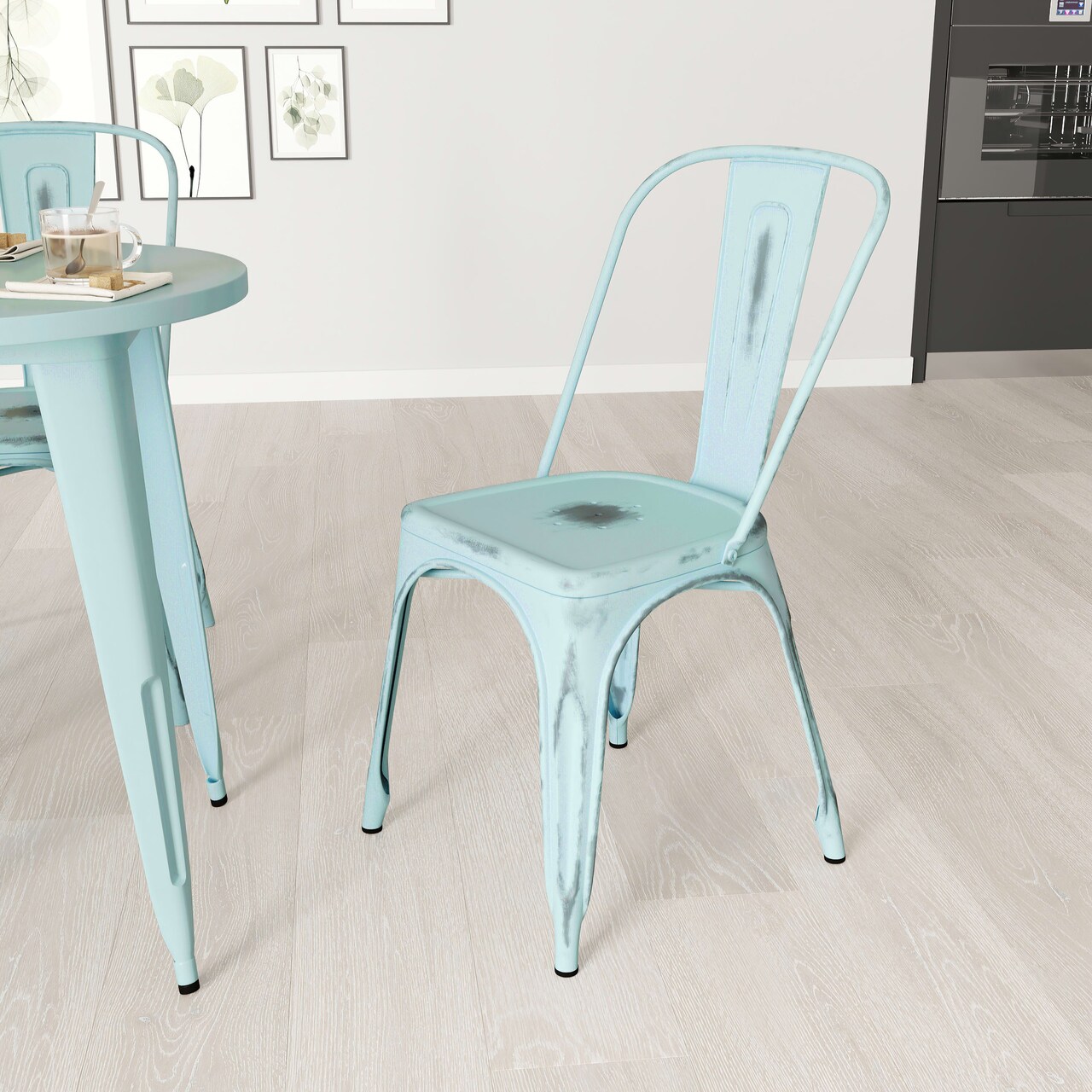 Merrick Lane Banks Indoor/Outdoor Stacking Metal Dining Chair with Single Slat Back and Distressed Powder Coated Finish